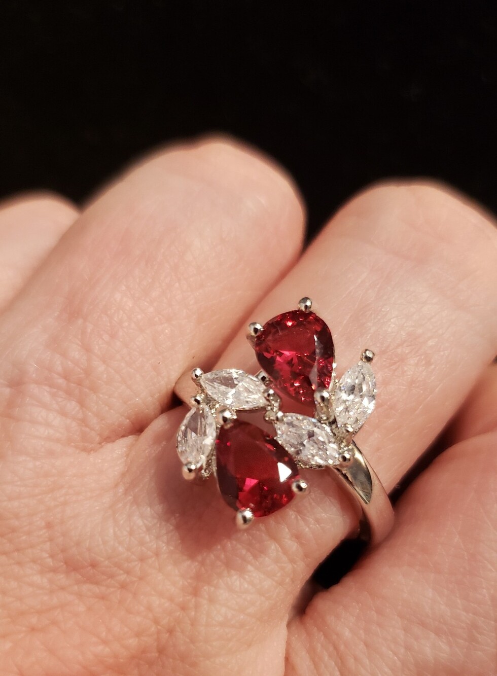 NEW Stamped Sterling Silver, Sz 9, Lg Teardrop Cut Rubies (Created) & White Gem